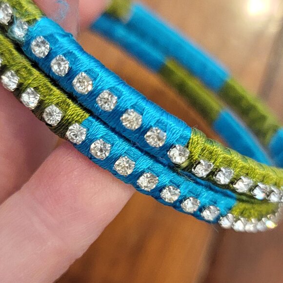 Rich India Turquoise Blue/Green Satin Crystal Fabric Wrapped Brass Bangle - Picture 2 of 7